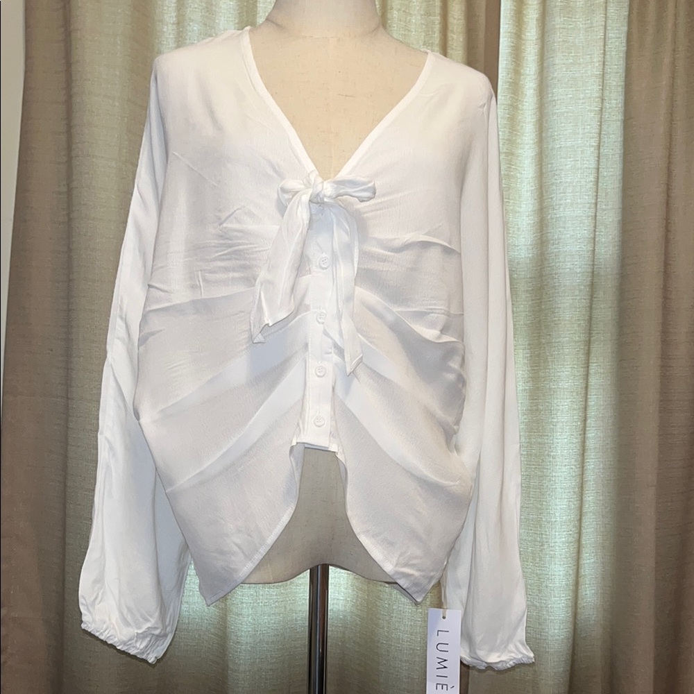 Lumiere White Long Sleeve Tie Button Front Blouse Crop Front Womens Large